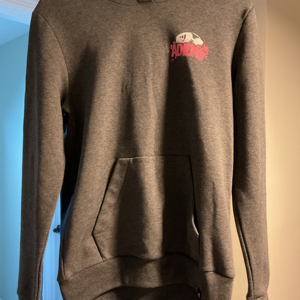 adidas Dark Gray Pullover Hoodie with Pink Logo - Kids Sweatshirt
